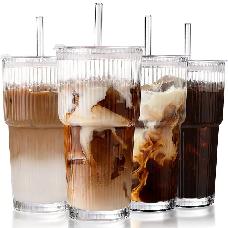 20oz Striped Glass Tumbler Set with Lids & Straws, Thickened Round Drinking Cups for Coffee, Smoothies & Beverages