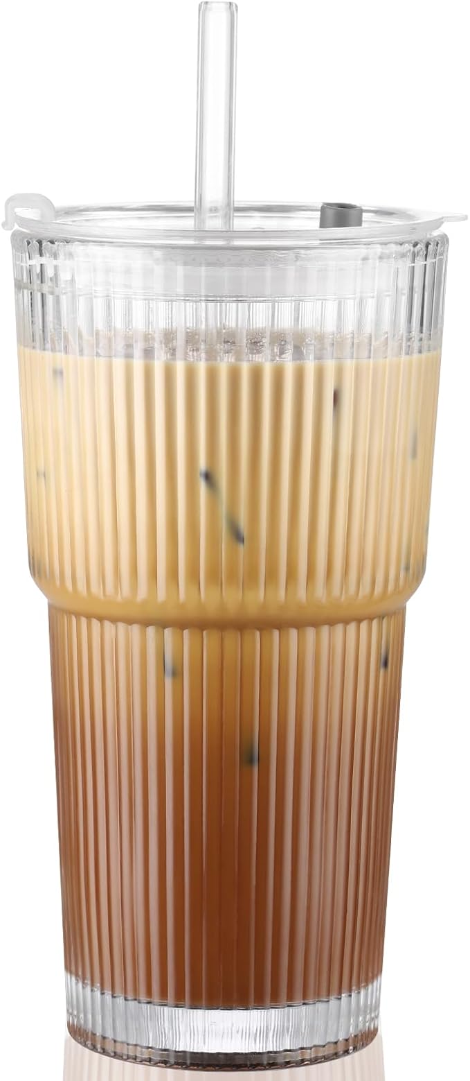 20oz Striped Glass Tumbler Set with Lids & Straws, Thickened Round Drinking Cups for Coffee, Smoothies & Beverages