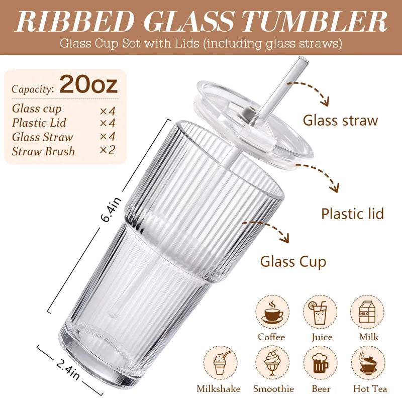 20oz Striped Glass Tumbler Set with Lids & Straws, Thickened Round Drinking Cups for Coffee, Smoothies & Beverages