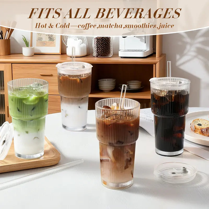 20oz Striped Glass Tumbler Set with Lids & Straws, Thickened Round Drinking Cups for Coffee, Smoothies & Beverages