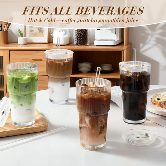 20oz Striped Glass Tumbler Set with Lids & Straws, Thickened Round Drinking Cups for Coffee, Smoothies & Beverages