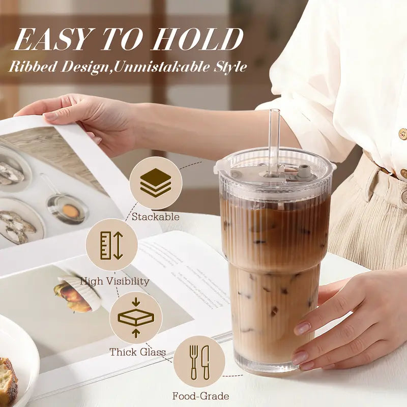20oz Striped Glass Tumbler Set with Lids & Straws, Thickened Round Drinking Cups for Coffee, Smoothies & Beverages
