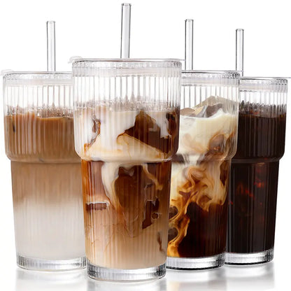 20oz Striped Glass Tumbler Set with Lids & Straws, Thickened Round Drinking Cups for Coffee, Smoothies & Beverages