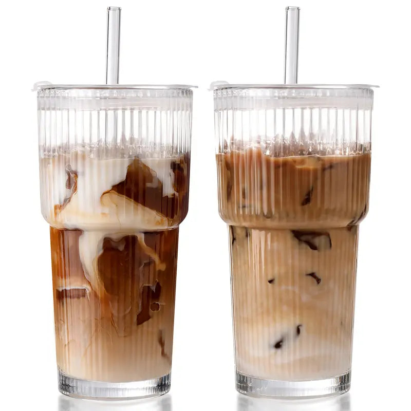 20oz Striped Glass Tumbler Set with Lids & Straws, Thickened Round Drinking Cups for Coffee, Smoothies & Beverages