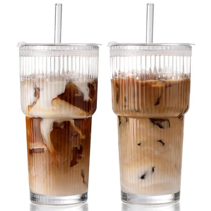 20oz Striped Glass Tumbler Set with Lids & Straws, Thickened Round Drinking Cups for Coffee, Smoothies & Beverages