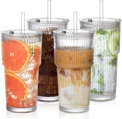 20oz Striped Glass Tumbler Set with Lids & Straws, Thickened Round Drinking Cups for Coffee, Smoothies & Beverages