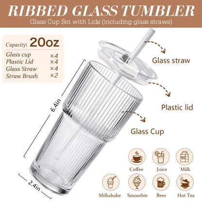 20oz Striped Glass Tumbler Set with Lids & Straws, Thickened Round Drinking Cups for Coffee, Smoothies & Beverages