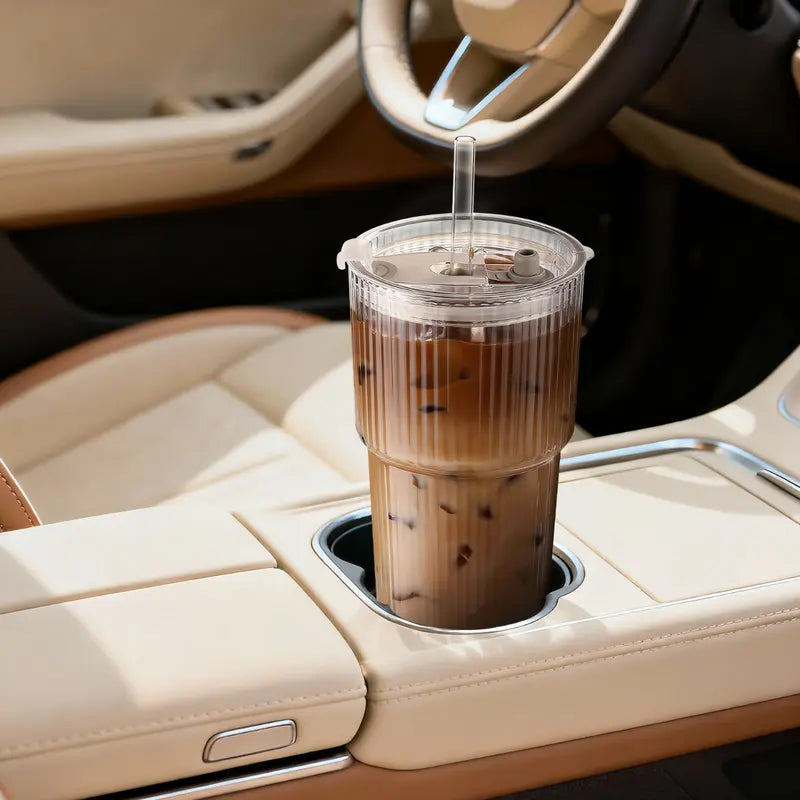20oz Striped Glass Tumbler Set with Lids & Straws, Thickened Round Drinking Cups for Coffee, Smoothies & Beverages