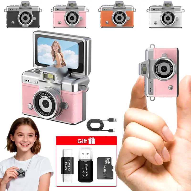 Mini Keychain Digital Camera, Pocket-Size 1080P HD Retro Camera with Flash, 0.96-Inch Screen, 32GB Memory Card & Charging Cable Included