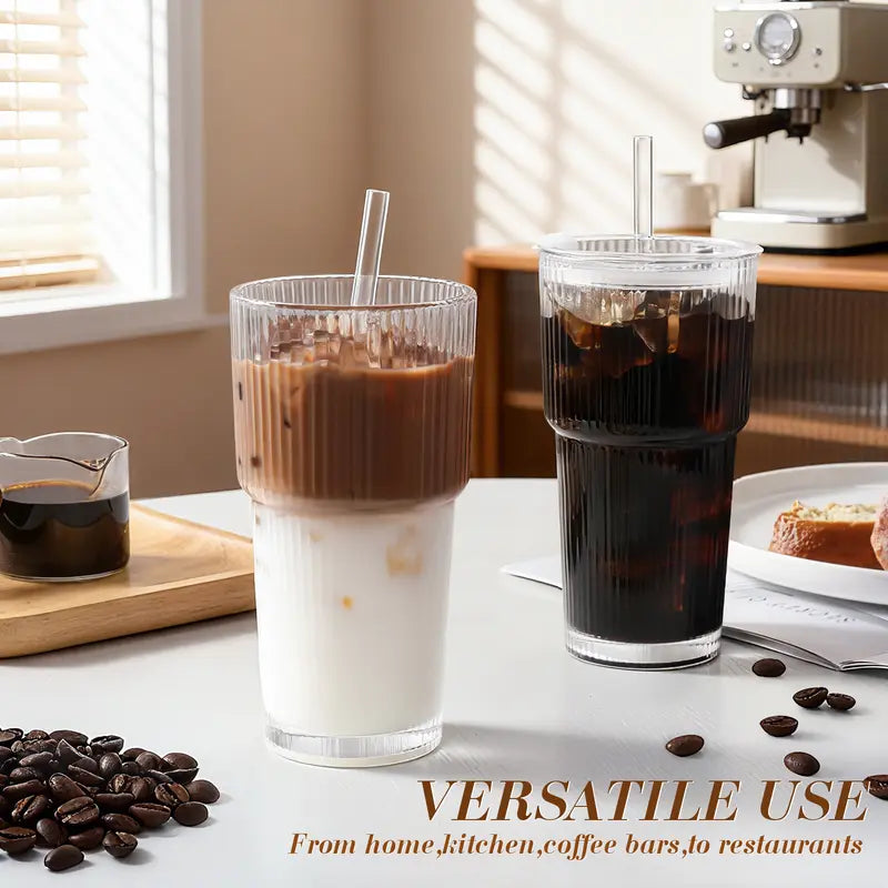 20oz Striped Glass Tumbler Set with Lids & Straws, Thickened Round Drinking Cups for Coffee, Smoothies & Beverages